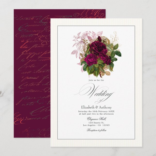 Elegant Burgundy, Gold and Blush Floral Wedding Invitation (Front/Back)