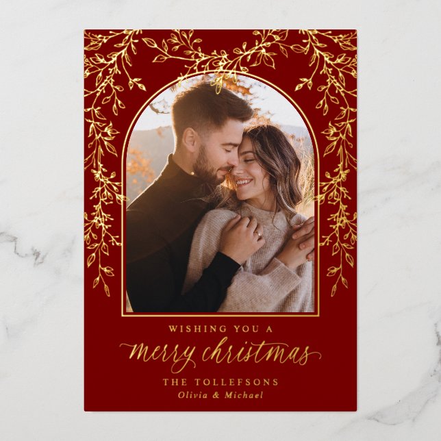 Elegant Burgundy Gold Arch Photo Christmas Foil Holiday Card (Front)