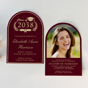 Elegant Burgundy Gold Arch Photo Graduation Party Invitation