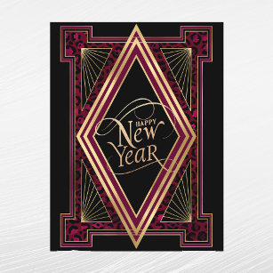Elegant Burgundy Gold Art Deco New Year Holiday Postcard