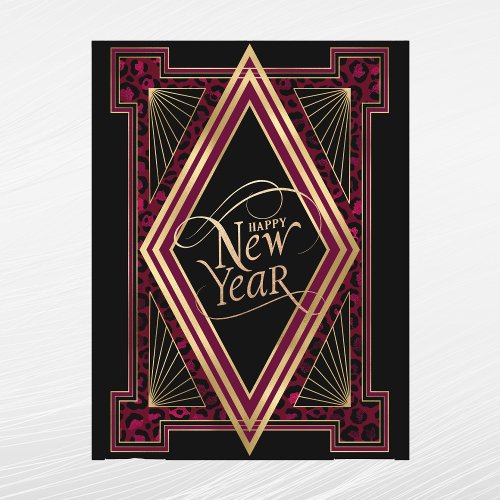 Elegant Burgundy Gold Art Deco New Year Holiday Postcard