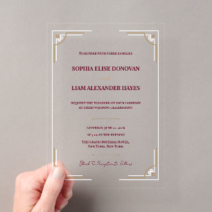 Elegant Burgundy Gold Art Deco Wedding Black Tie Acrylic Invitations