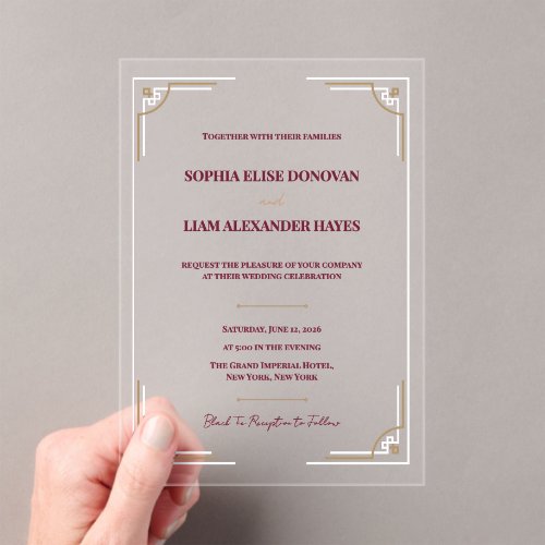 Elegant Burgundy Gold Art Deco Wedding Black Tie Acrylic Invitations