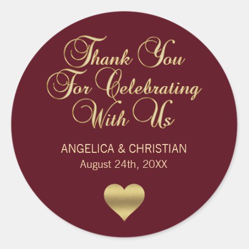 Elegant Burgundy Gold Autumn Thank you Wedding Classic Round Sticker