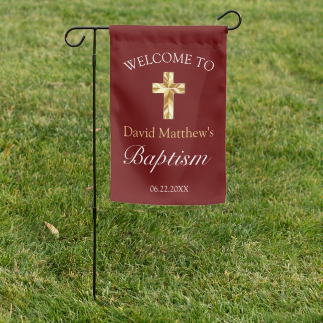 Elegant Burgundy Gold Baby Boy Baptism Welcome  Garden Flag (In SItu)