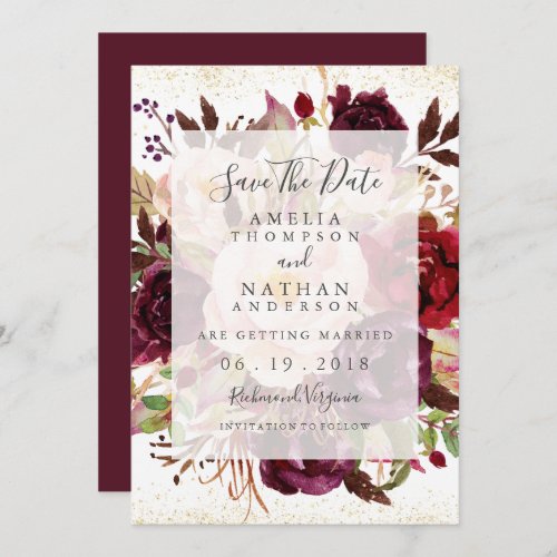 Elegant Burgundy Gold Bloom Save The Date Invitation