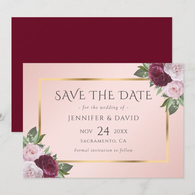 Elegant Burgundy Gold Blush Pink Floral Save The Date (Front/Back)