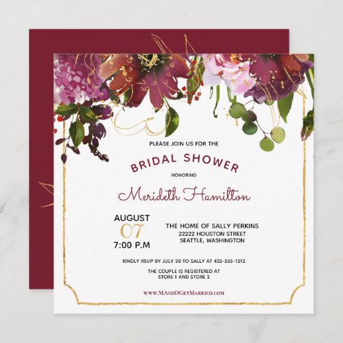Elegant Burgundy Gold Boho Floral Bridal Shower Invitation
