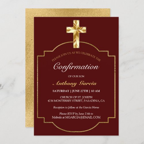 Elegant Burgundy Gold Boys Confirmation Invitation