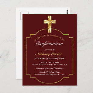 Elegant Burgundy Gold Boys Confirmation Invitation Postcard