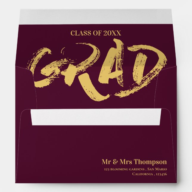 Elegant Burgundy Gold Brush Font Grad Graduation  Envelope (Back (Bottom))