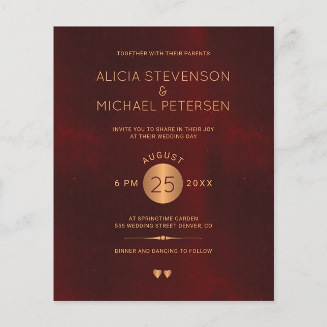 Elegant burgundy gold budget wedding invitation (Front)