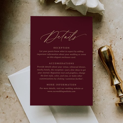 Elegant Burgundy Gold Calligraphy Wedding Details RSVP Card