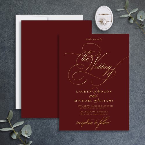 Elegant Burgundy Gold Calligraphy Wedding Foil Invitation