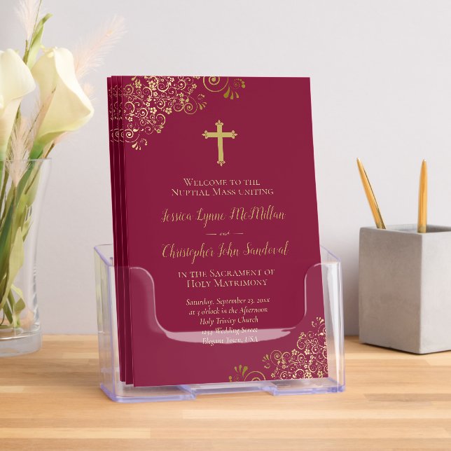 Elegant Burgundy & Gold Catholic Wedding Program Brochure (Insitu)
