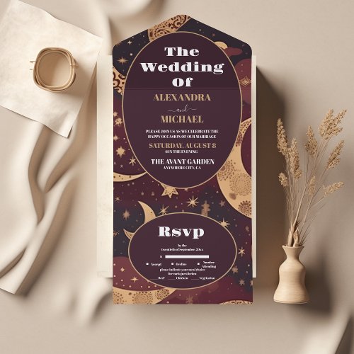 Elegant Burgundy Gold Celestial Wedding All In One Invitation