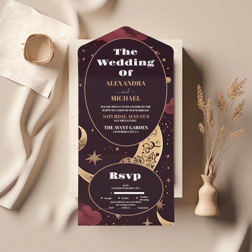 Elegant Burgundy Gold Celestial Wedding All In One Invitation