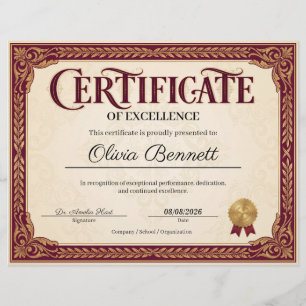 Elegant Burgundy Gold Certificate of Excellence