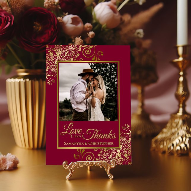 Elegant Burgundy & Gold Chic Love & Thanks Wedding Thank You Card (Creator Uploaded)
