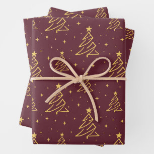 Elegant Burgundy Gold Christmas Tree Pattern Wrapping Paper Sheets