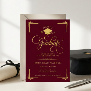 Elegant Burgundy Gold College Graduation Announcement