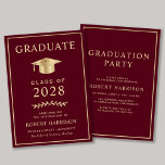 Elegant Burgundy Gold College Graduation Party Invitation<br><div class="desc">Elegant burgundy red college graduation announcement and party invitation featuring a gold graduation cap and simple modern gold typography for the graduate's name,  class year,  college or university,  degree and major or honors. On the reverse side,  add the graduation details.</div>
