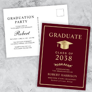 Elegant Burgundy Gold College Graduation Party Invitation Postcard