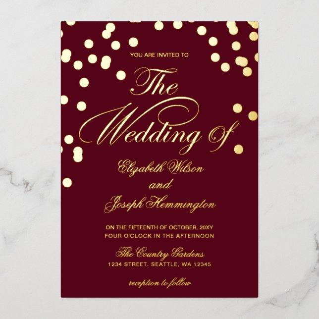 Elegant Burgundy Gold Confetti Wedding   Foil Invitation (Front)
