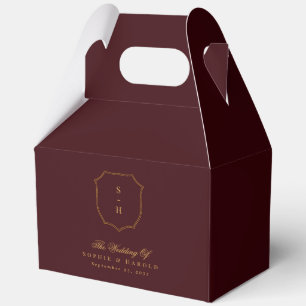 Elegant Burgundy & Gold Crest Monogram Wedding Favor Boxes