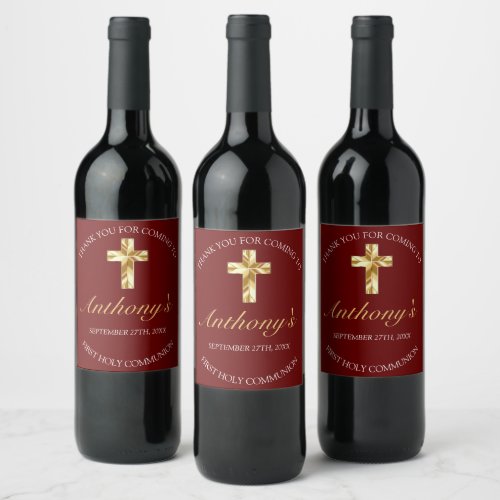 Elegant Burgundy Gold Cross 1st Communion Wine Label
