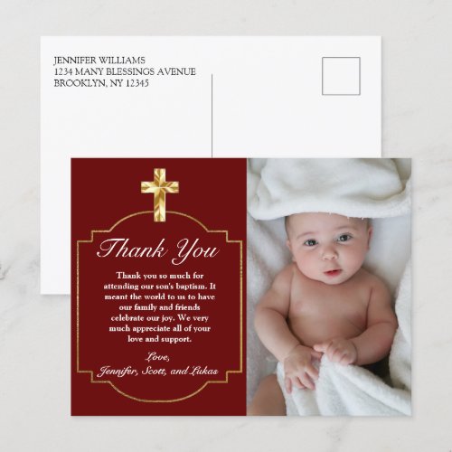 Elegant Burgundy Gold Cross Baptism Thank You 