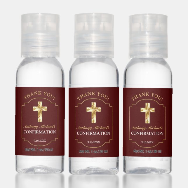 Elegant Burgundy Gold Cross Boys Confirmation Favo Hand Sanitizer (Set)