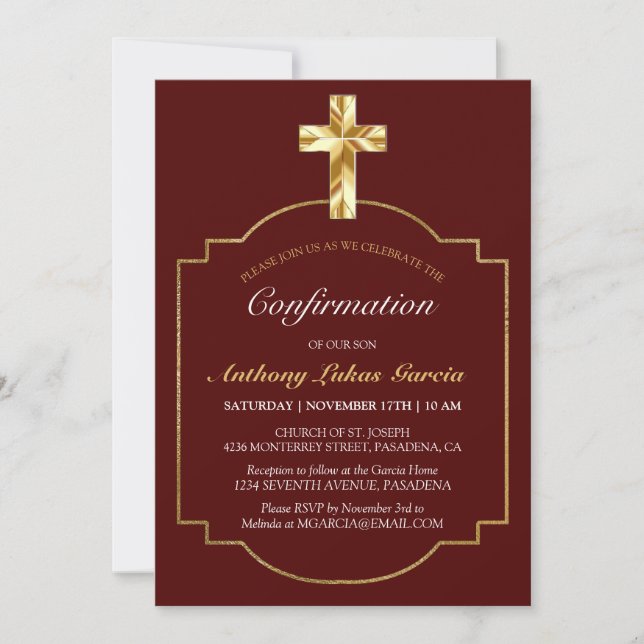Elegant Burgundy Gold Cross Boys Confirmation Invitation (Front)
