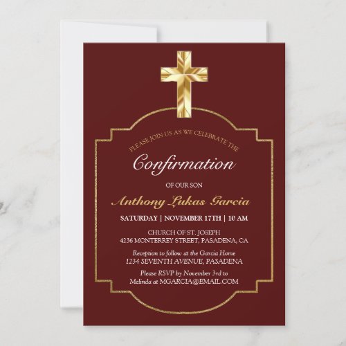 Elegant Burgundy Gold Cross Boys Confirmation Invitation