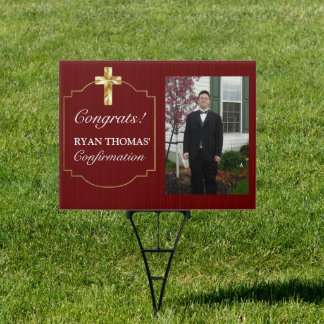 Elegant Burgundy Gold Cross Boys Confirmation Yard Sign