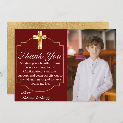 Elegant Burgundy Gold Cross Confirmation Photo Thank You Card