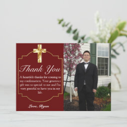 Elegant Burgundy Gold Cross Confirmation Thank You Card | Zazzle