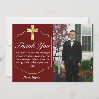 Elegant Burgundy Gold Cross Confirmation Thank You Card