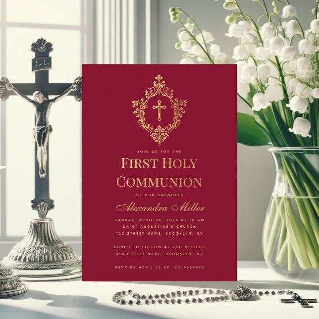 Elegant Burgundy Gold Cross Crest First Communion Invitation (Creator Uploaded)
