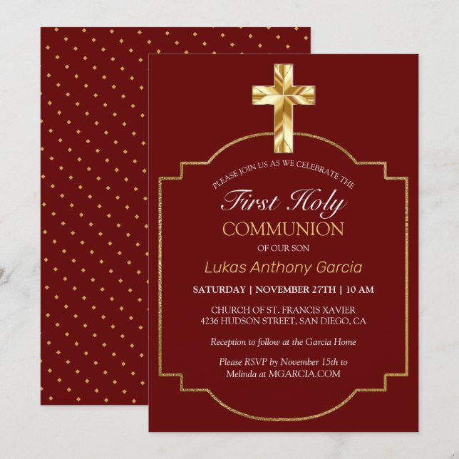 Elegant Burgundy Gold Cross First Communion Invitation (Front/Back)