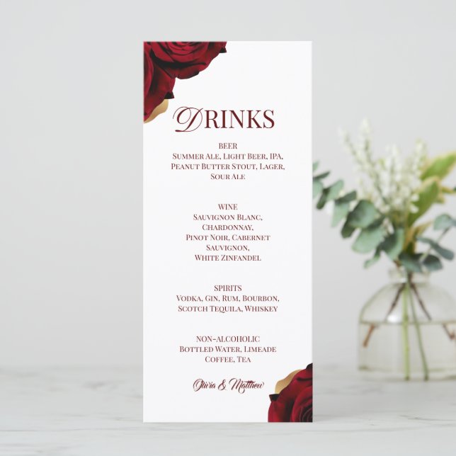 Elegant Burgundy Gold Drink  Menu (Standing Front)