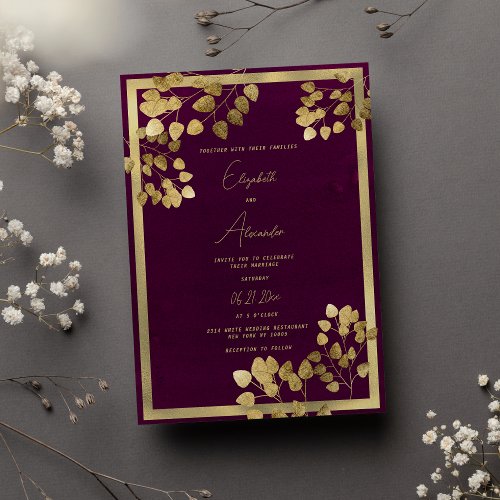 Elegant burgundy gold eucalyptus leaf wedding invitation