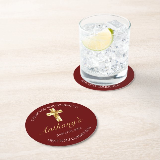 Elegant Burgundy Gold First Communion Thank You Round Paper Coaster (Insitu)
