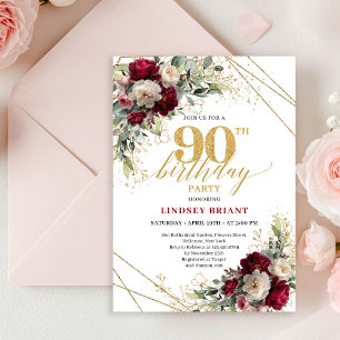 Elegant Burgundy Gold Floral 90th Birthday Invite