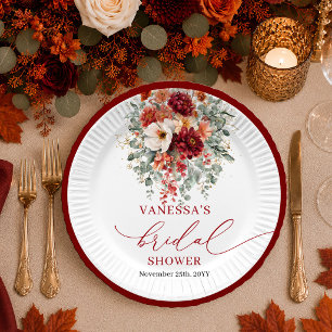 Elegant Burgundy Gold Floral autumn bridal shower  Paper Plates
