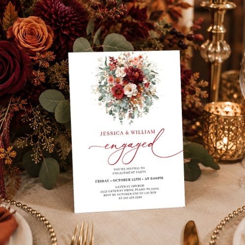 Elegant Burgundy Gold Floral Autumn engagement  Invitation