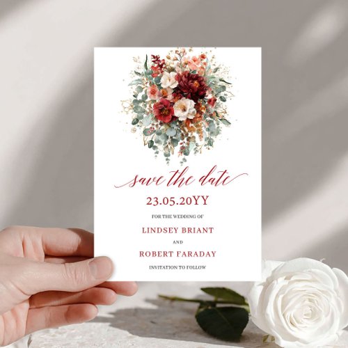 Elegant Burgundy Gold Floral Autumn Save The Date