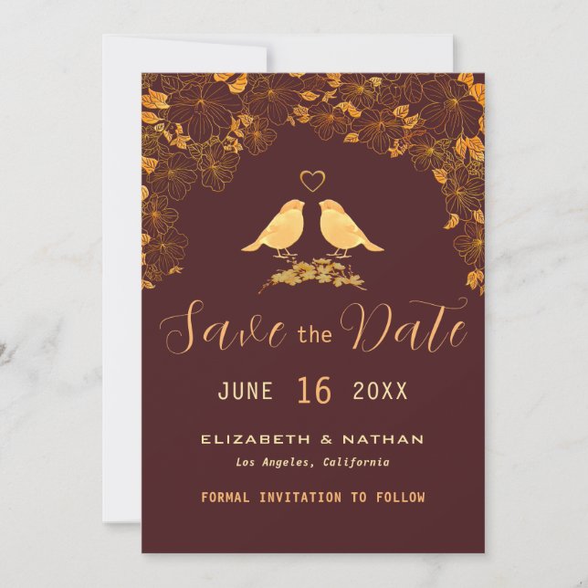 Elegant Burgundy & Gold Floral Birds Custom Photo Save The Date (Front)