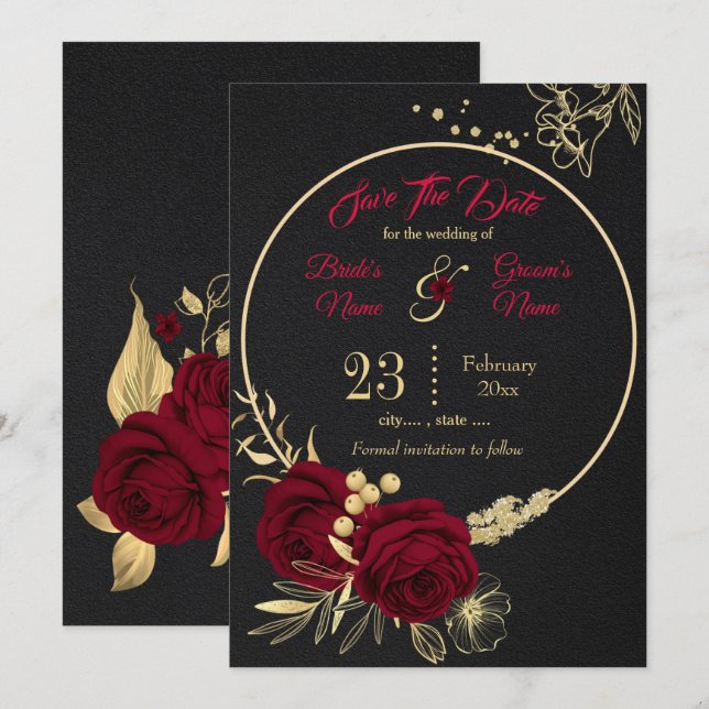 elegant burgundy gold floral black  save the date (Front/Back)