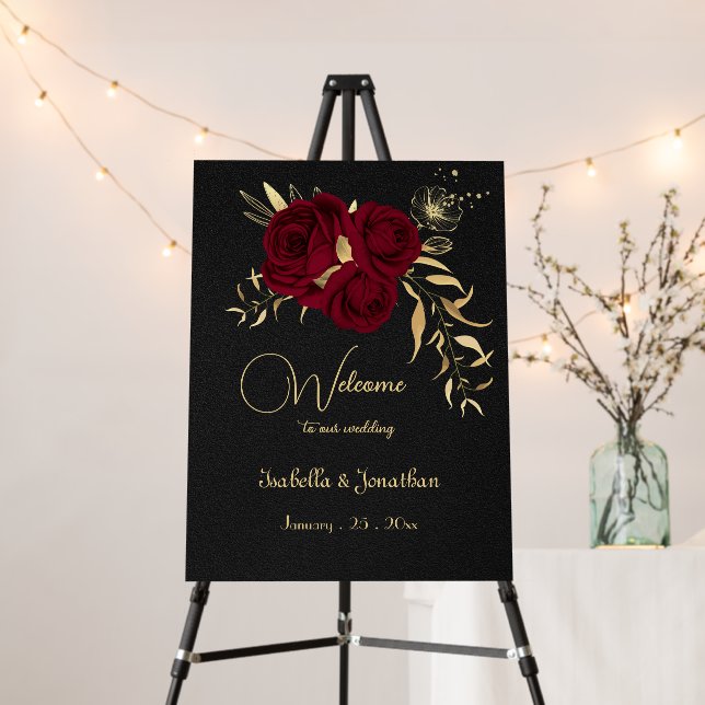 elegant burgundy gold floral black welcome sign (In Situ (Stand))